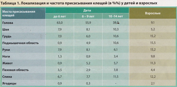 таблица мест на теле человека, где часто присасываются клещи, по возрастам